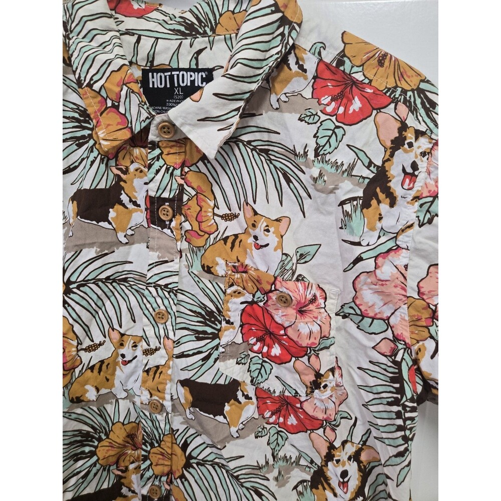 Hot Topic "Tropical Corgi Vibes" Hawaiian Shirt Mens XL Floral Button Up Cotton - Picture 3 of 3